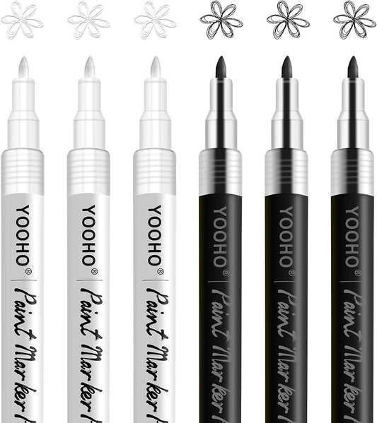 Paint Pen White Black Acrylic Marker Set for Rock Wooden Tire Metal Leather Glass Painting, 0.7mm Fine Point Quick Drying (3pcs Black +3pcs White)
