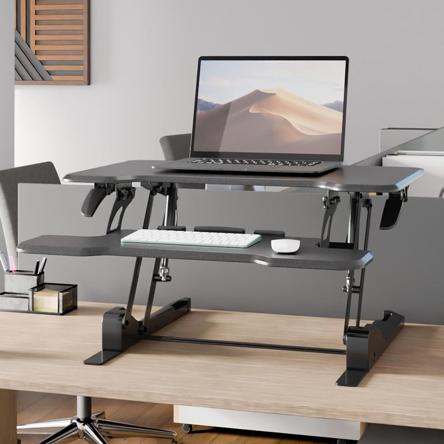 Mount-It! Height Adjustable Standing Desk Converter, Compact 30” Wide Tabletop Standing Desk Riser with Gas Spring, Desktop Stand Up Workstation with Keyboard Tray Fits Monitor or Laptop, Black