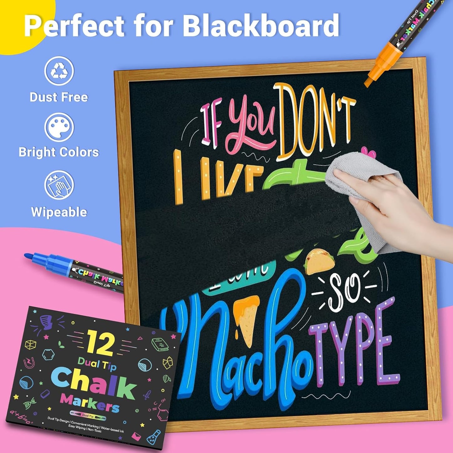 12 Dual Tip Liquid Chalk Markers - Erasable Chalk Markers for Blackboard, Chalkboard Signs, Glass, Chalk Pens Wet Erase Makers for Bar Menu, Shcool,Wedding Sign, Just Married Car Windows Decorations