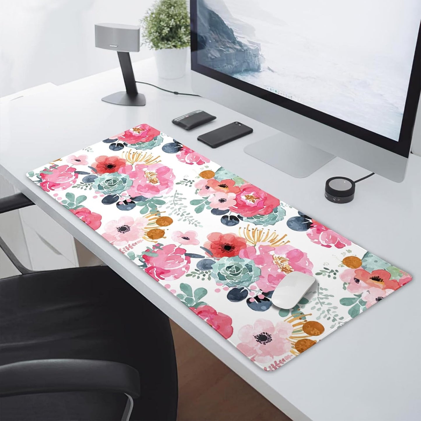 Pink Green Flowers Gaming Mouse Pad XXL Cute Watercolor Floral Pretty Extended Desk Pad Trendy Pastel Large Mousepad Non-Slip Rubber Base Stitched Edge Long Table Mat for Desktop, 35.4 x 15.7 inch
