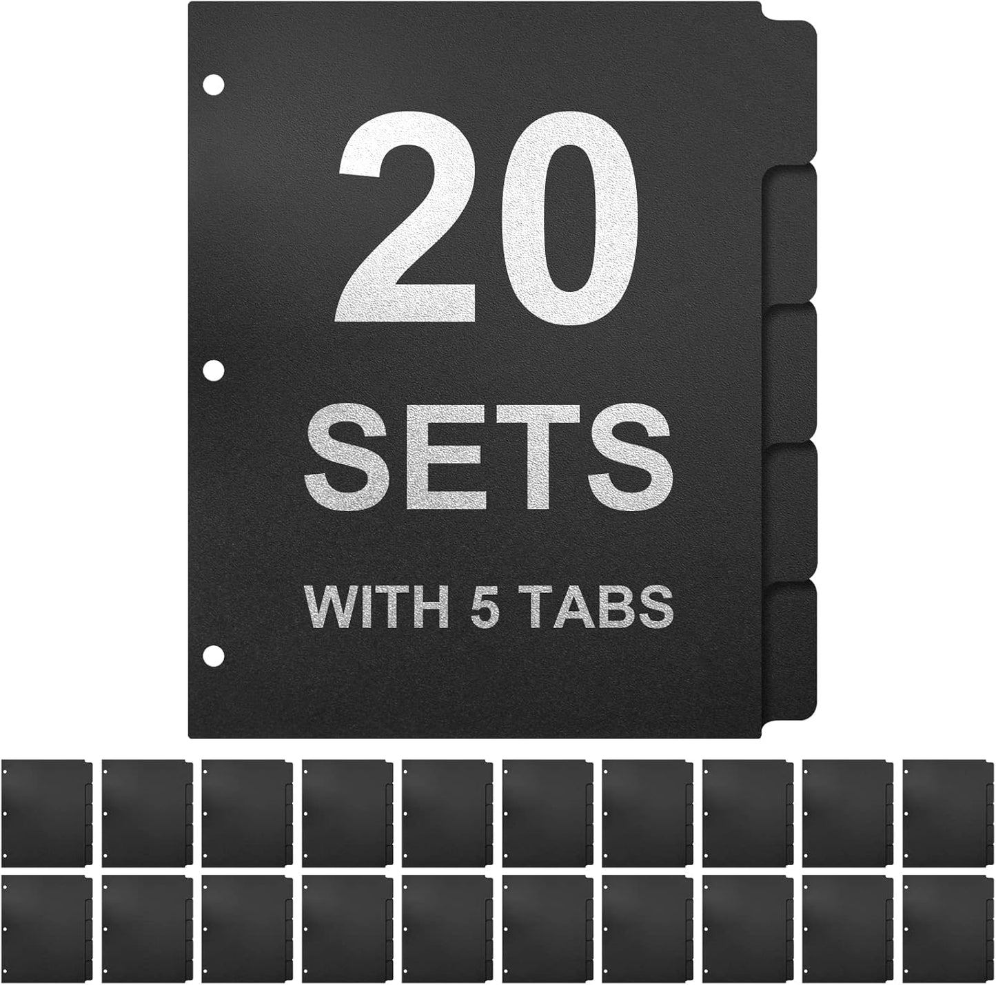 3 Ring Binder Dividers with 5-Tabs for Letter Size, 1/5 Cut, 3-Hole Punched, Write & Erase Plastic Binder Dividers Extra Durable Section Index Dividers for Binders, Pack of 20 Sets, 100 Dividers Total