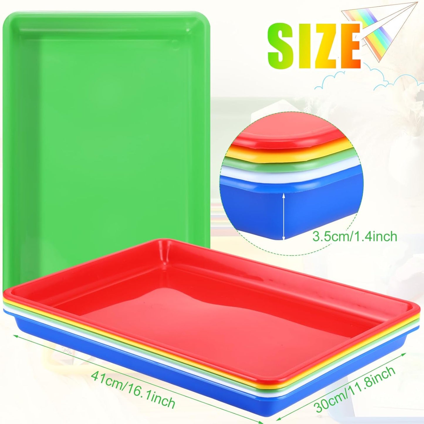Maitys 15 Pcs Flat Plastic Trays 16.1 x 11.8'' Sensory Storage Tray Paper Stackable Classroom Bins for Office Home Organizer Arts and Crafts Supplies(Multicolor)