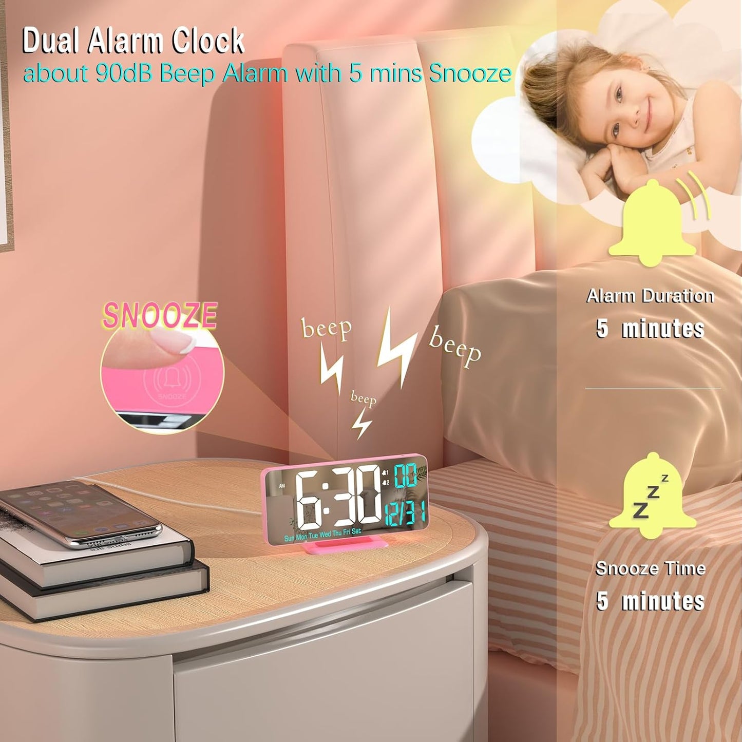 Pink Digital Clock for Bedroom 6.7in Dual Alarm Clock with Dimming, 12/24h, Seconds, Date, Day of Week, Temp, Desk Clock, LED Clock for Table Decor, Digital Calendar Table Clocks for Bedrooms KOSUMOSU