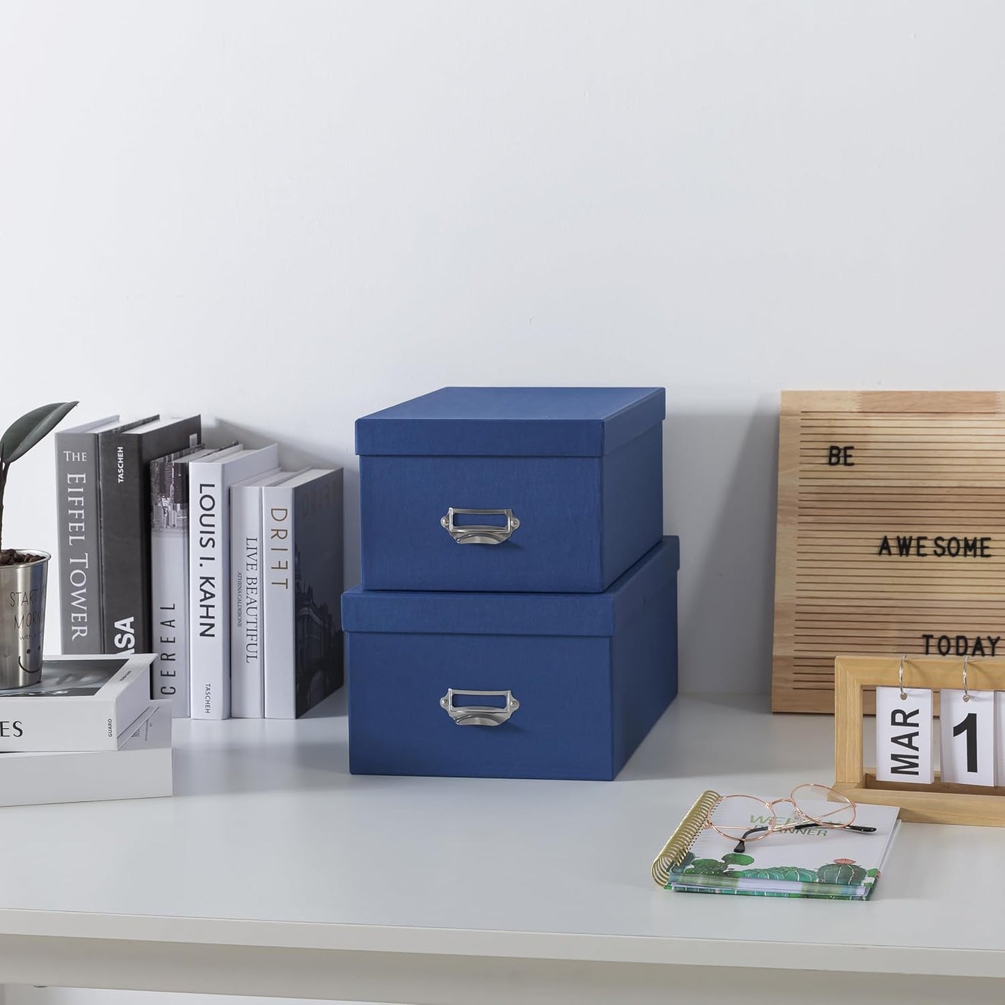 Soul & Lane Blue Decorative Cardboard Storage Boxes with Lids, Set of 2 Stacking Keepsake Photo and Memory Boxes for Home & Office, Elegant Paperboard Organizers with Label Holders and Drawer Pulls