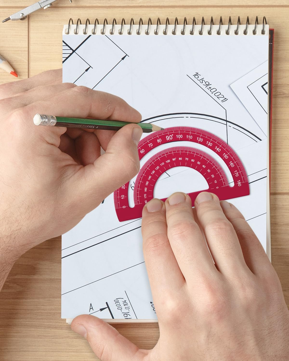 Honagu Triangular Ruler Set, 4+1Pieces Aluminum Alloy Ruler, Metal Drafting Ruler, Geometric Protractor for Students, School Office Supplies (Red, 20cm)