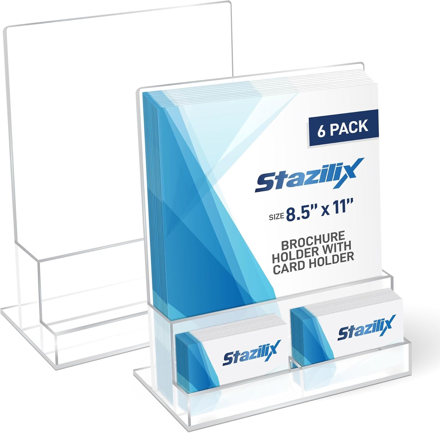6 Pack Acrylic Brochure Holder 8.5x11 , Clear Brochure Display Stand with Acrylic And Business Card Holder, Plastic Flyer Display Stand for Magazine, Pamphlet, Booklets, Menu, Journals
