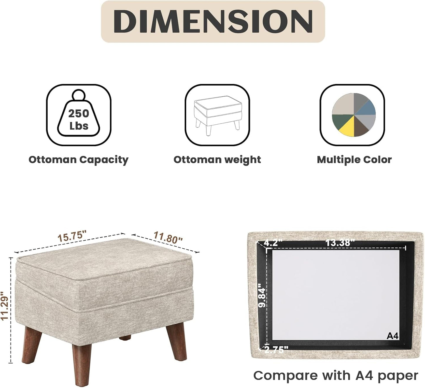 Ottoman Foot Rest, Small Footstool Ottoman with Storage, Modern Foot Stool with Adjustable Lid and Sturdy Wood Legs for Living Room, Bedroom, Couch, Enterway (Beige)