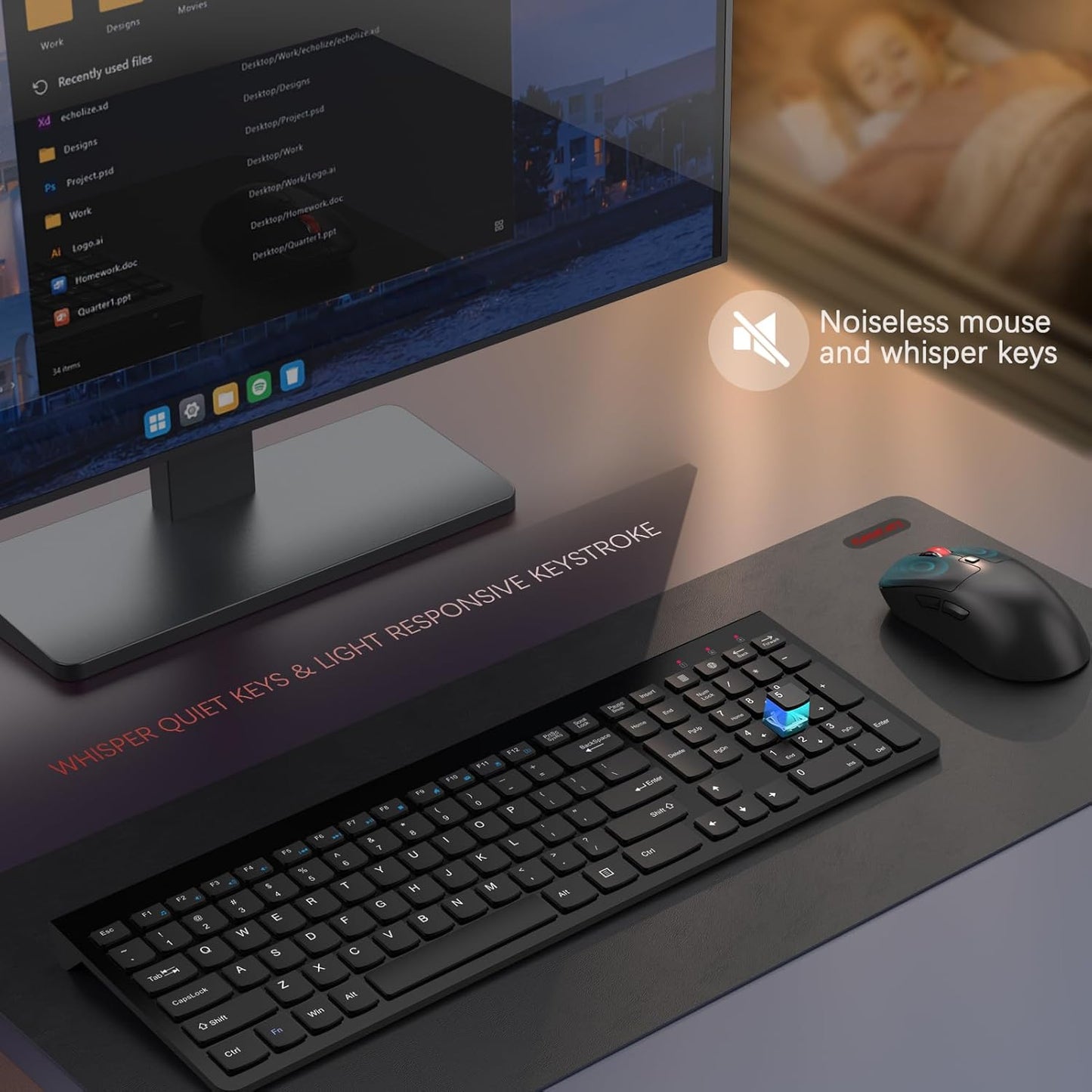 Wireless Keyboard and Mouse Combo,Quiet Click,Full Size Design with Number Pad,Ergonomic Mouse with 5 DPI,Sleep Mode-GAMCATZ 2.4G Slient Portable Cordless Combo for Laptop/PC/Computer/Mac(Black)