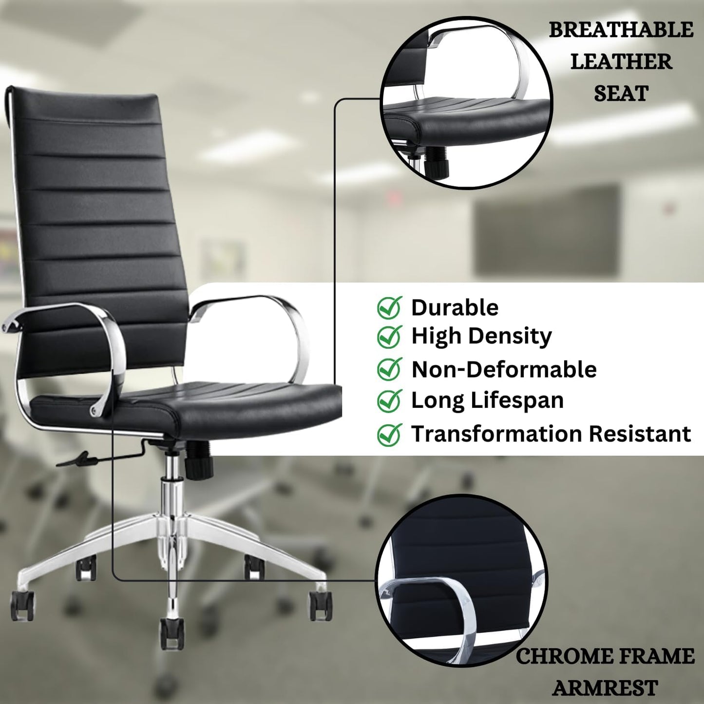 Ribbed High Back Conference Room Chairs- Lumbar Support, Modern Style Executive Chair for Home and Office - 360 Swivel Rolling Wheels - Aluminum Chrome Frame & Base - Black (Pack of 4)