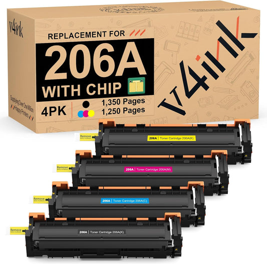 v4ink 206A Toner Cartridge 4 Pack (Latest Upgraded Chip) Compatible Replacement for HP 206A 206X W2110A W2111A W2113A W2112A use with HP Color Pro M255 M255dw MFP M283fdw M283cdw M283 M282nw Printer