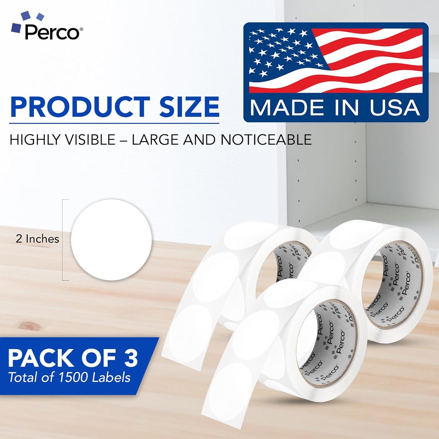 Perco White 2-Inch Round Circle Dot Sticker Labels - Multi-Roll Pack (3 Rolls, 500 Labels Each) - Permanent Adhesive, Vibrant Colors, Strong Hold - Perforated for Easy Use - Made in USA