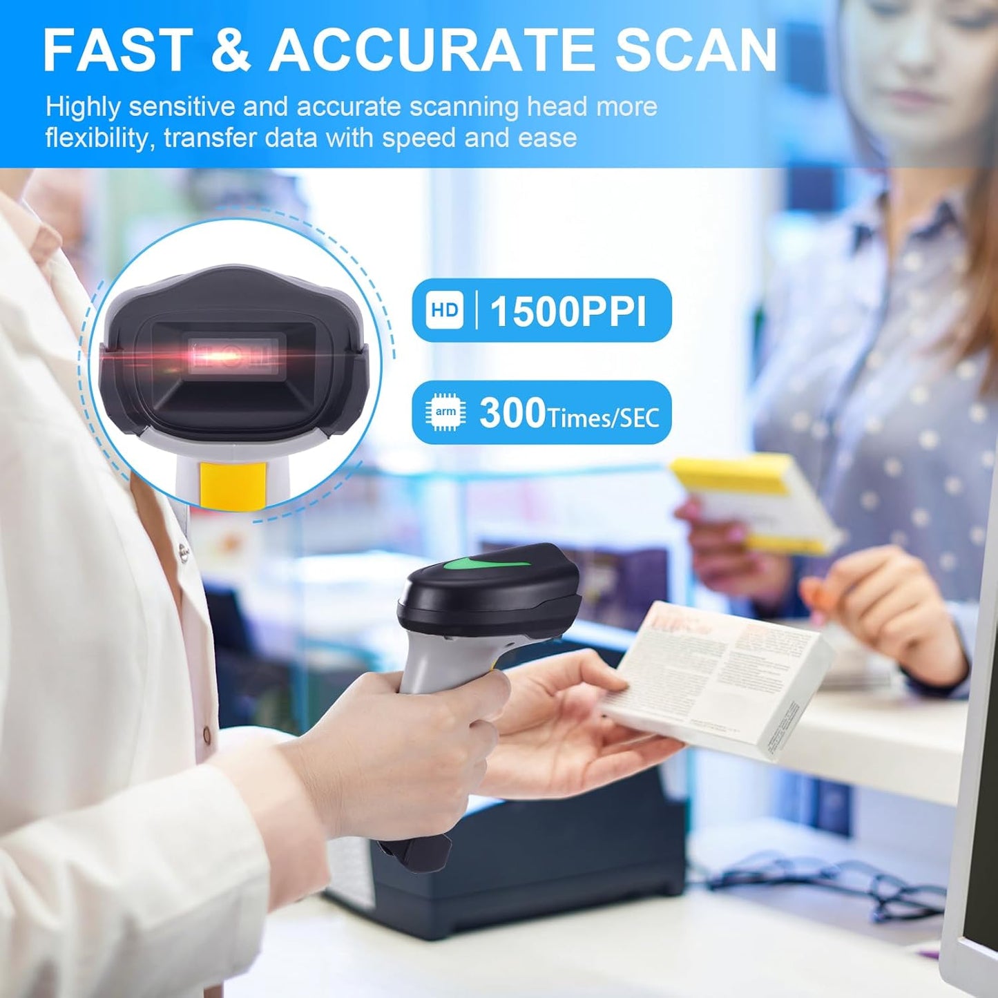 Barcode Scanner Wireless, Onewscan 1D Barcode Reader with Stand, 2.4G Wireless & USB Wired Connection Plug and Play Handheld Bar Code Scanners