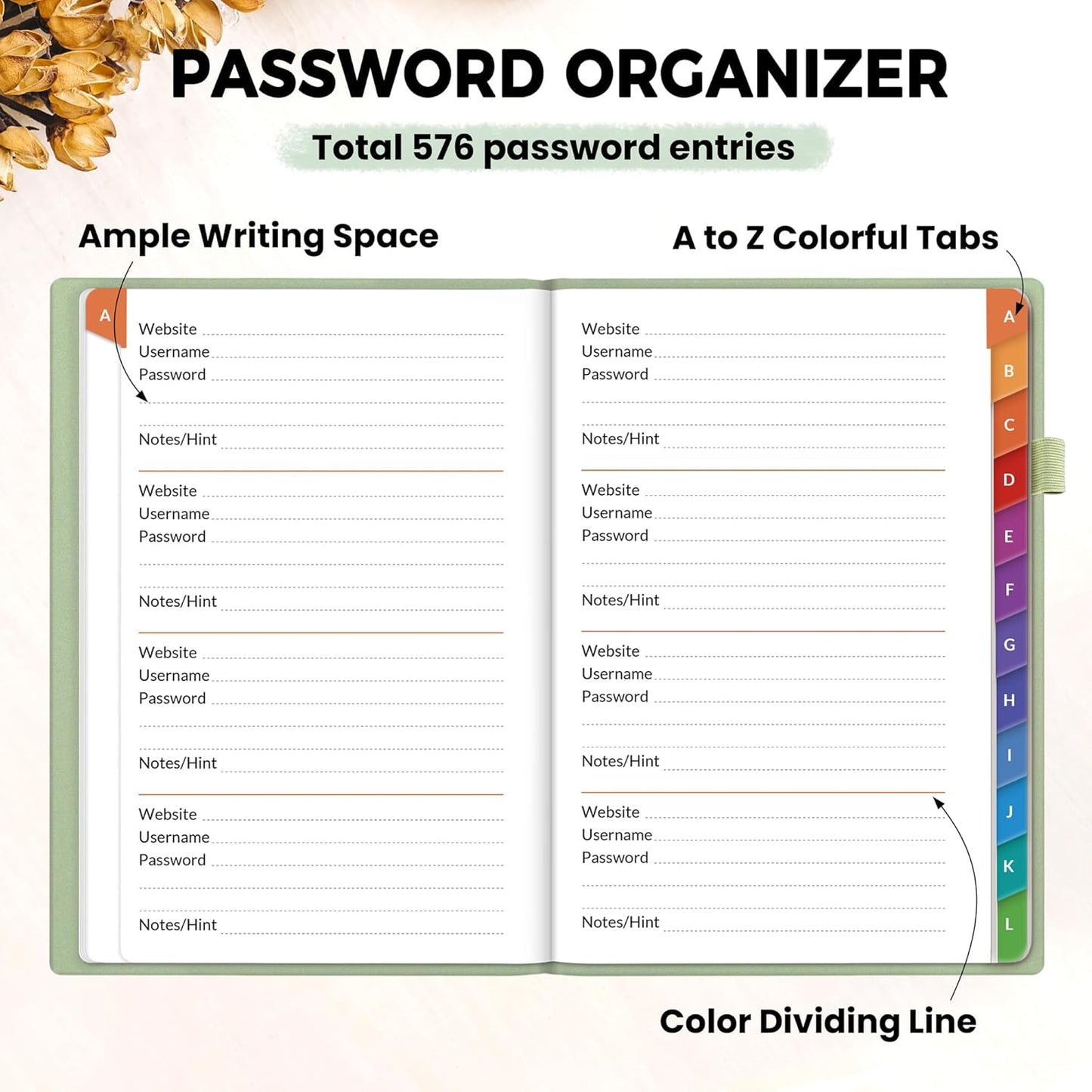 SUNEE Password Book with Colorful Alphabetical Tabs, Password Books for Seniors, Password Keeper Book for Computer and Internet Address Website Login, 5.3''x 7.7''- Sage Green