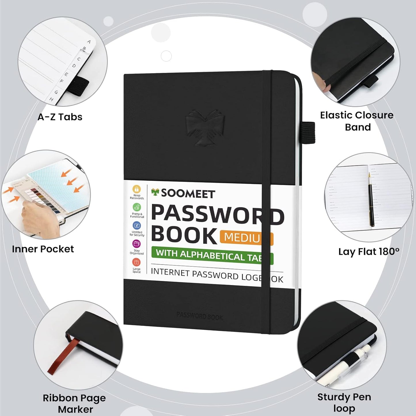 Password Book with Alphabetical Tabs, Hardcover Password Keeper, A5 Size 8.3"x6" Password Notebook for Saving Internet Login, Username, Password Organizer for Computer & Website Logins(Black)