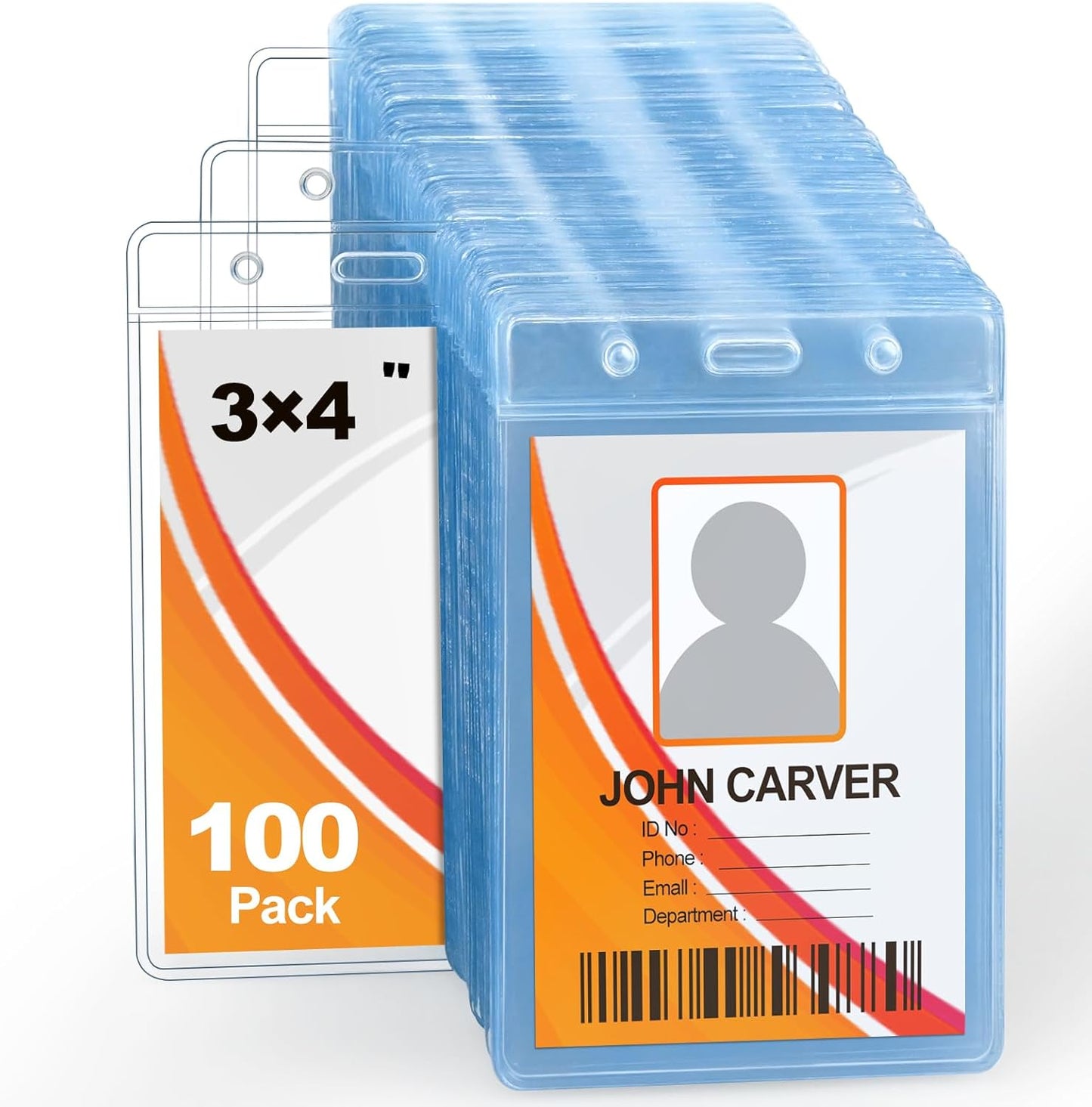 100 Pcs No Zipper ID Name Badge Holder 3 x 4 Inches Clear Plastic Vertical ID Card Holder