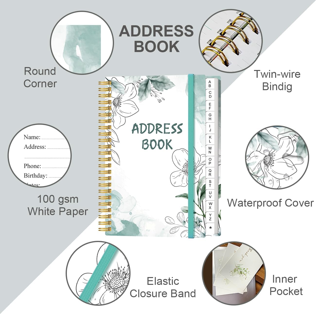 Address Book with Alphabetical Tabs - Small Address Book Spiral with Address Contacts, Special Date, Phone, Birthday & Internet Login Password for Home and Office, 4.3" x 6.2", Teal Flowers
