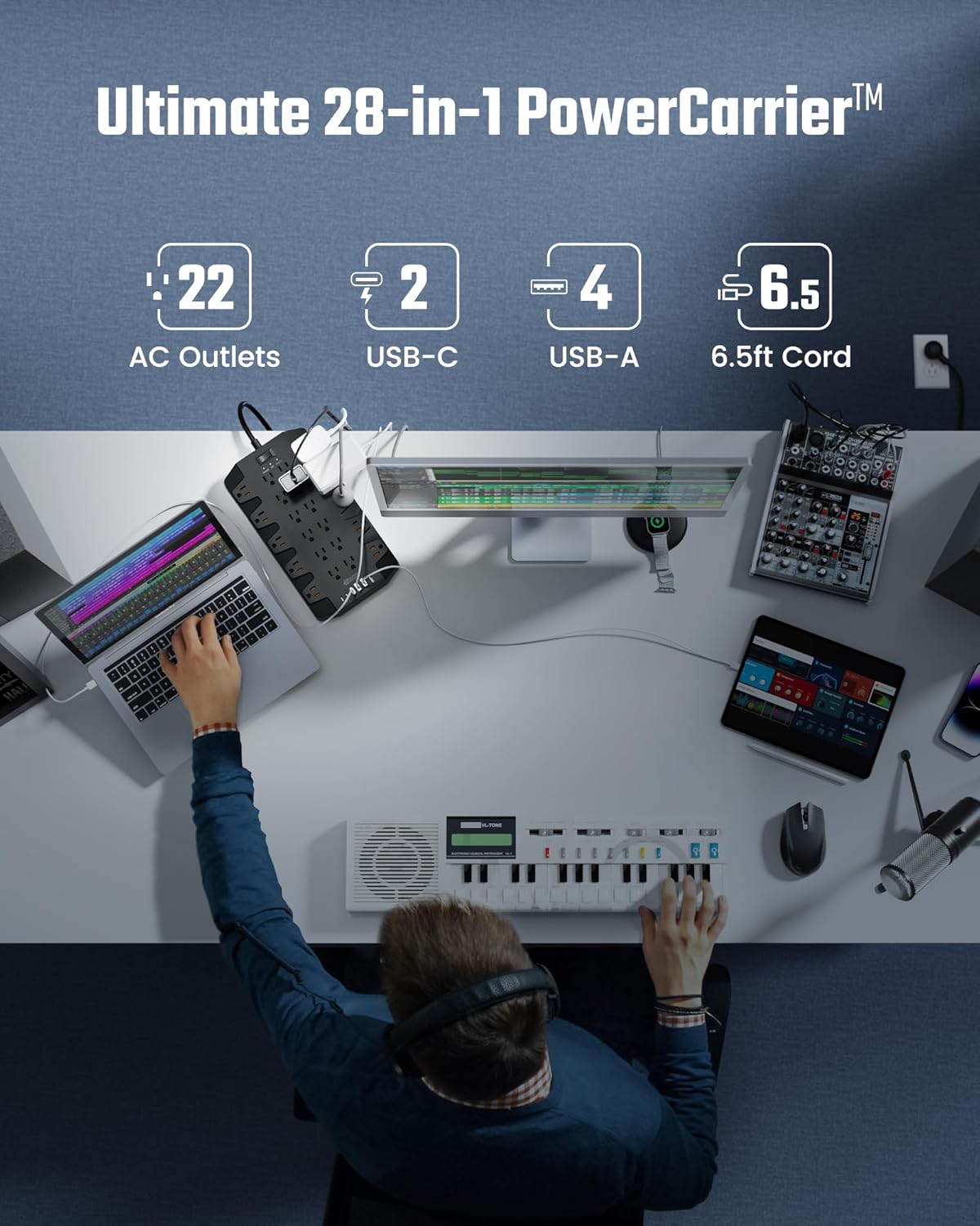 Power Strip, SUPERDANNY Surge Protector with 22 AC Outlets, 2 USB-C and 4 USB Ports, 1875W/15A, 2100J, 6.5Ft Extension Cord Surge Protector Power Strip with Wall Mount Holes for Home, Office, Dorm