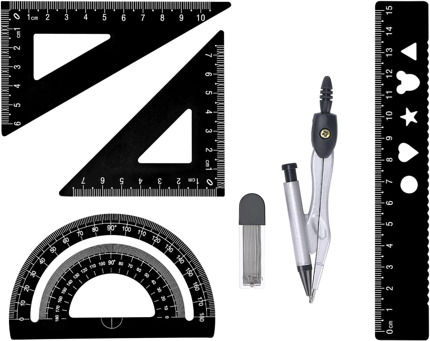 6 Pcs Metal Geometry Set, Math Geometry Kit, Metal Ruler Set and Compass Geometry Tool, Rulers Protractor and Compass Set for Student School and Drawings Supplies (Black)