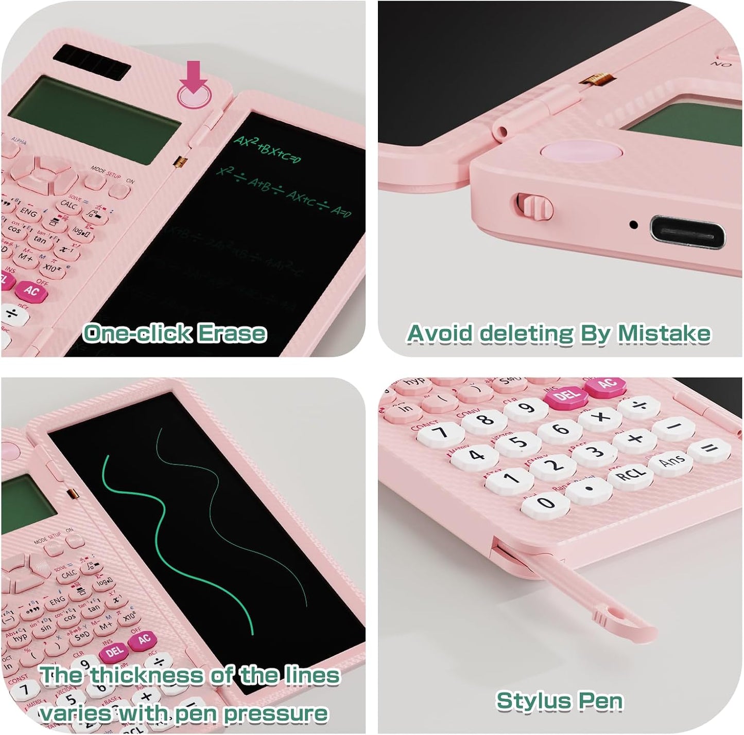 Rechargeable ROATEE 991ES MAX Scientific Calculators, CalcNote Multiview 4-Line Display with LCD Writing Tablet Notepad, Foldable Portable for Business High School College Students and Teacher(Pink)