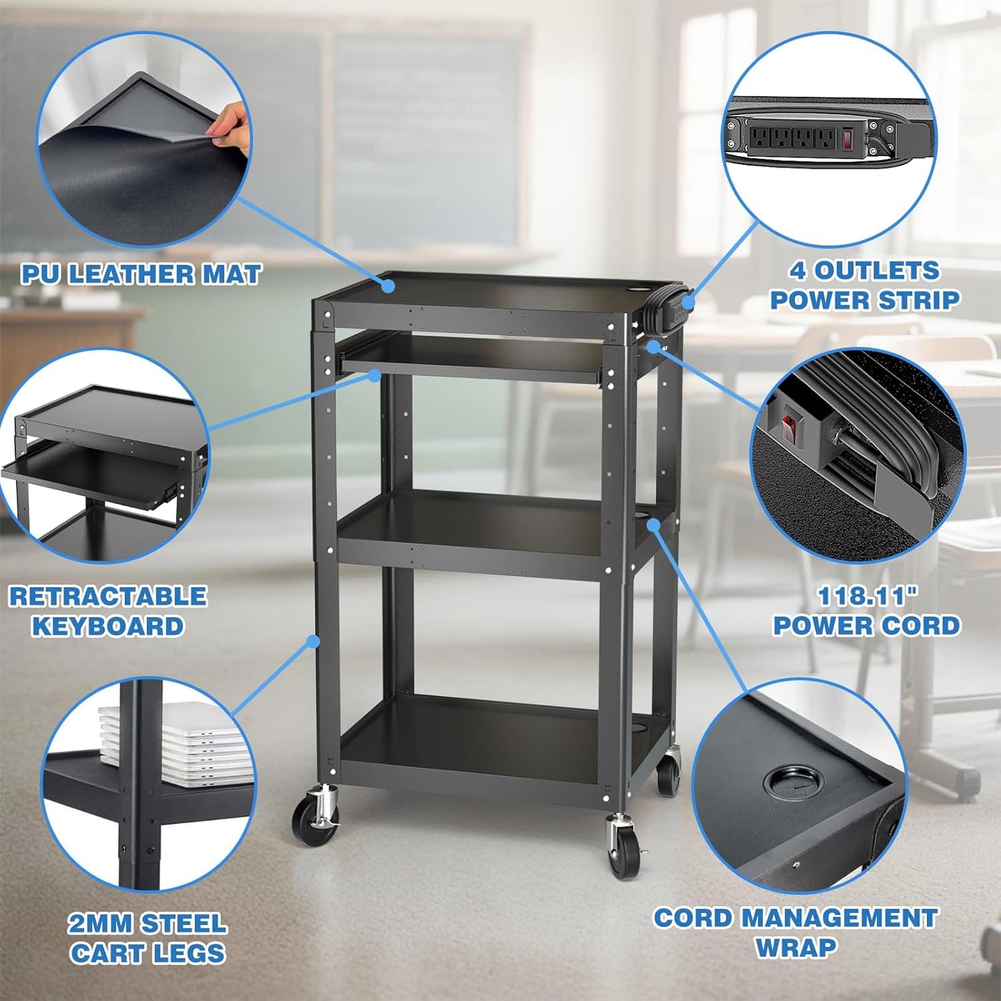 Steel AV Cart on Wheels - Rolling Projector Cart with Height Adjustable Shelf, Pullout Keyboard Tray, Power Strip, Cord Management - Mobile Media Carts Computer Workstation for Office Classroom