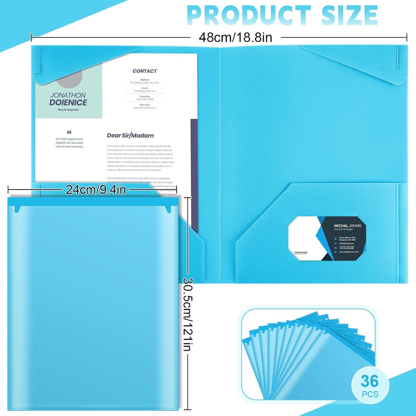 Henoyso 36 Pcs Plastic Folders with Clear Front Pockets Heavy Duty File Folders with 2 Pockets and Card Slot for Student Communication School Office Presentation Report (Light Blue)