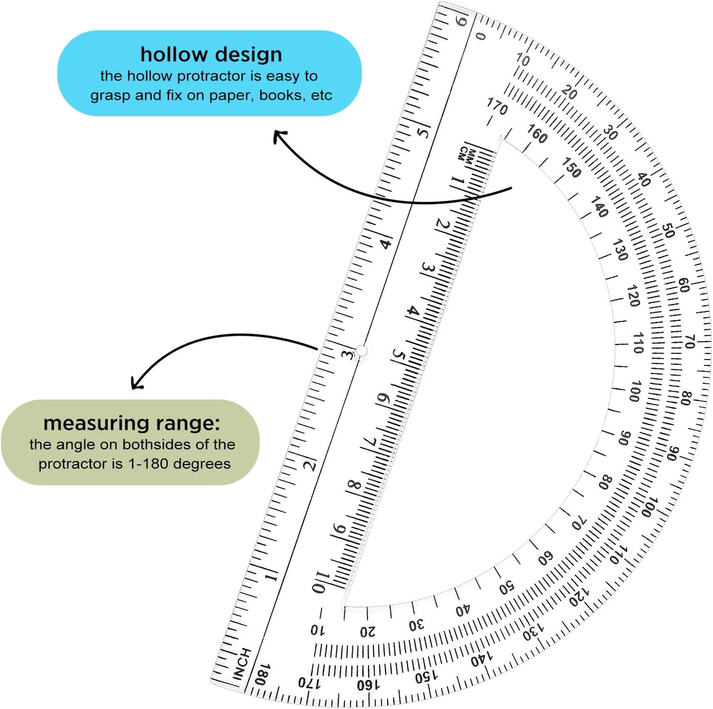 Zonon 50 Pieces Plastic Protractors Bulk Classroom Clear Math Protractors 180 Degrees 6 Inch for Geometry Student, Angle Measurement, Students Back to School Supplies Office Supplies