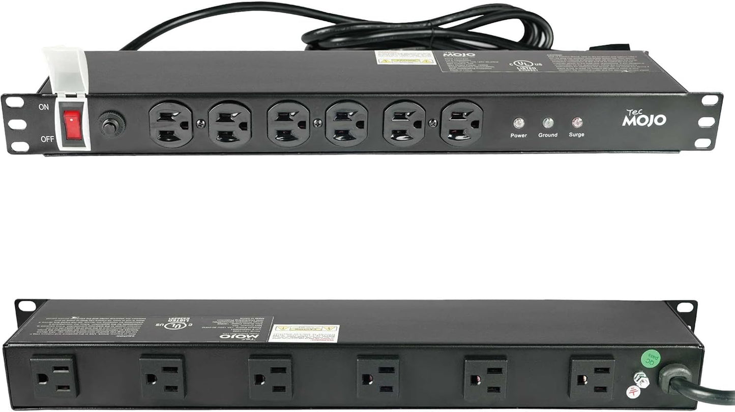 Tecmojo 1U Rackmount Network-Grade PDU Surge Protector Power Strip, 12 Outlets (6 Front, 6 Rear Wide Spaced) 12A 6ft Cord with 5-15P Lug - Black, UL Certified