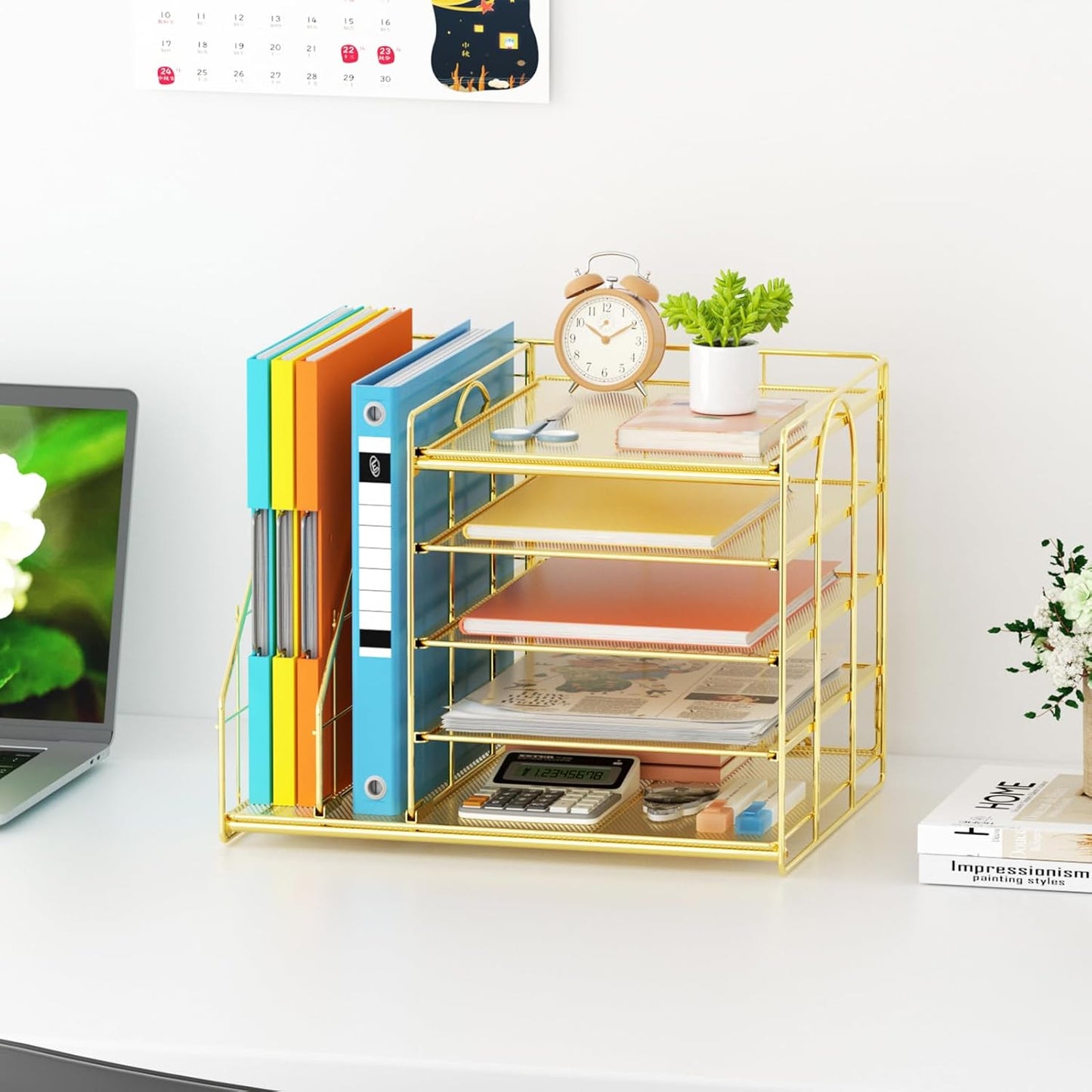 Marbrasse Desk Organizer with File Holder, 5-Tier Paper Letter Tray, Mesh Desk Organizers and Accessories with Magazine Holder, Desktop Organizer and Storage for Office Supplies (Gold)