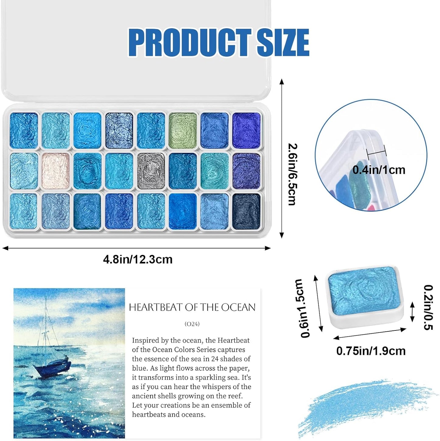 Mini Glitter Watercolor Paint Set with Paper, 24 Colors Shimmer Metallic Watercolour Painting Sets, Solid Pearl Water Color Paints for Adult, Kids, Blue 1ml Trial Pack(Heartbeat of the Ocean)