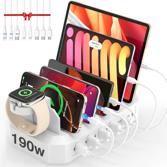 190W Fast Charging Station for Multiple Devices【Certified Safer Charging】 6 Port USB Charger Station - Family Multi-Device Organizer Charging Dock Compatible with iPhone/Android/MacBook/iPad/Tablet