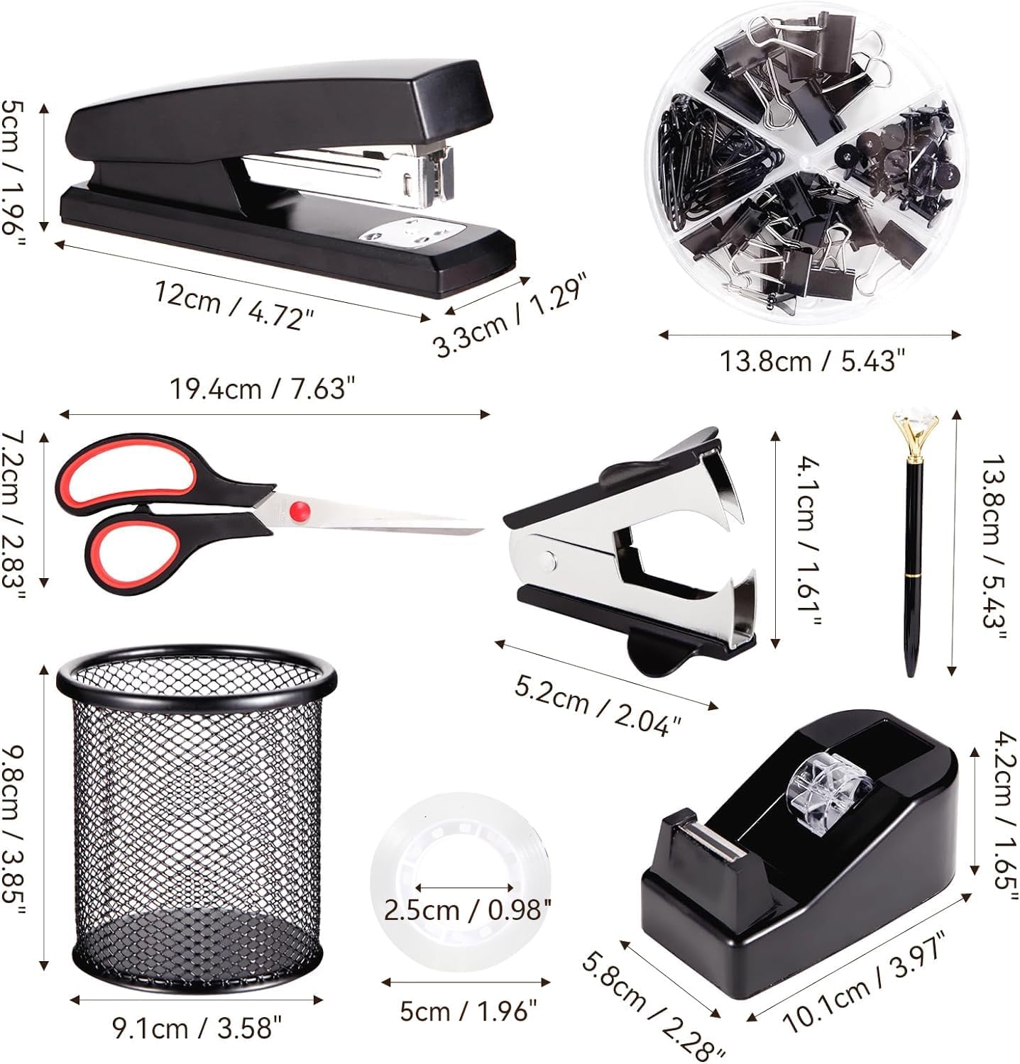 Black Desk Accessories, Office Supplies Set with Stapler, Tape Dispenser, Staple Remover, Pen Holder, Scissor, Binder/Paper Clips, Ballpoint Pen, Clear Tape and 1000pcs Staples