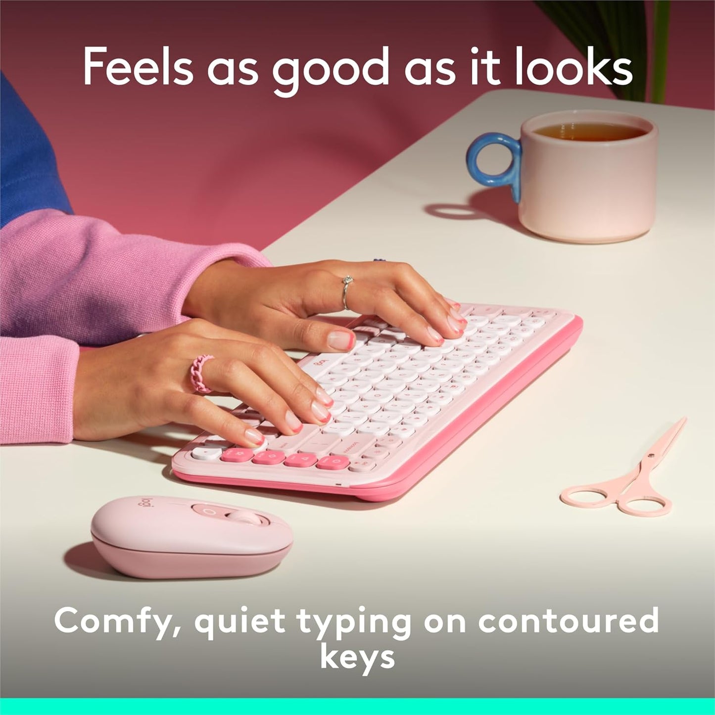 Logitech POP ICON Keys Wireless Bluetooth Keyboard, Comfortable Typing, Programmable Keys, Easy-Switch Between up to 3 Devices, for Laptop, Tablet, PC – Rose and Off-White