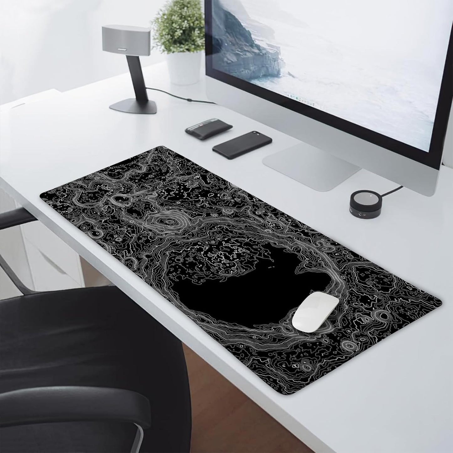 Black Whtie Topographic Gaming Mouse Pad XL Topo Moon Relief Map Extended Large Mat Mousepad Desk Pad Non-Slip Rubber Base Stitched Edge Long Keyboard Playmat for Desk Computer,24x14 Inch