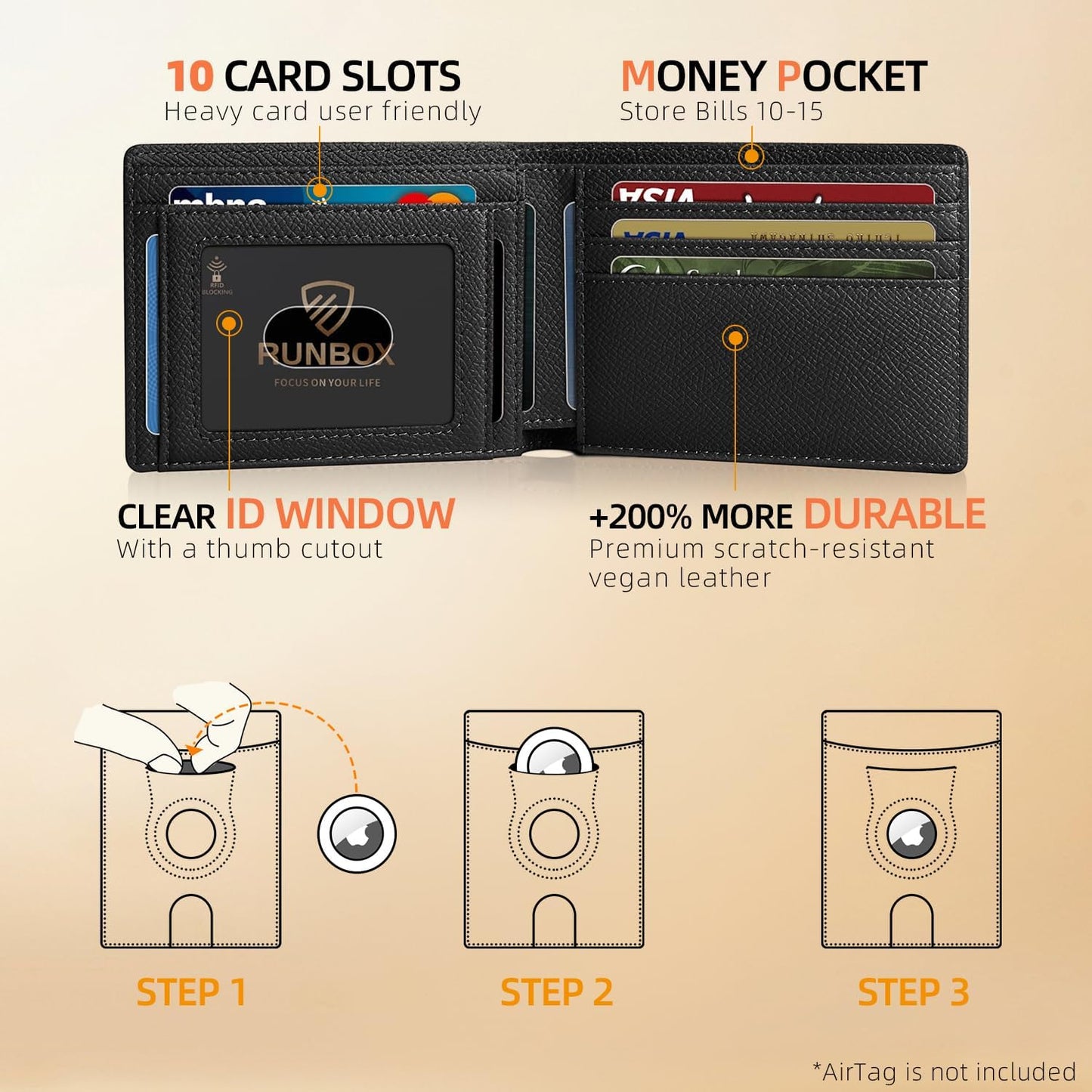RUNBOX AirTag-Wallet-Mens-Slim-RFID Blocking Wallets Leather with Bill Compartment Air Tag Bifold Card Holder Wallet Gifts for Men Dad