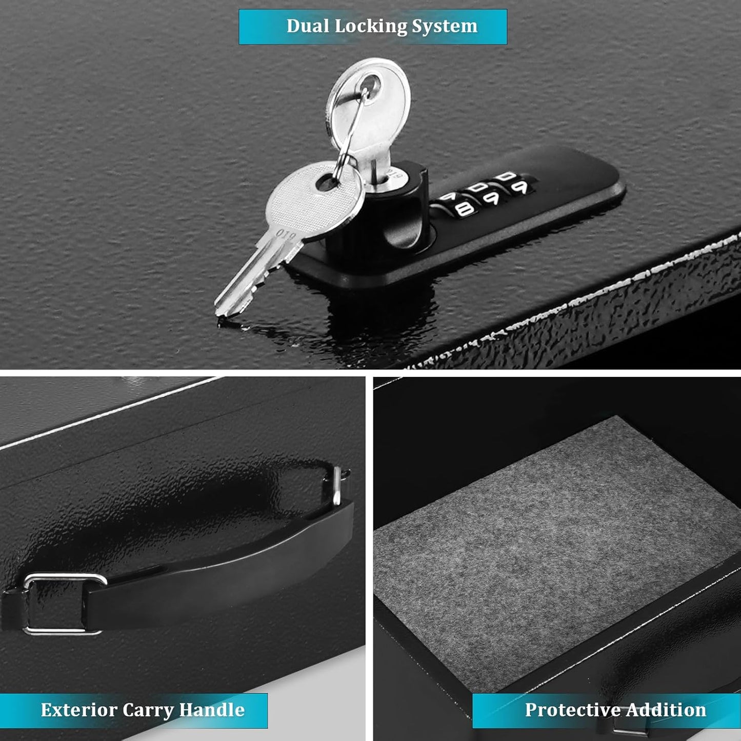 Dalmbox Portable Metal Safe Box with Dual Combination and Key Lock - Fire Resistant Storage for Documents, Car, Home and Outside - X Large 13.2"x 11"x 5.1" Black Box