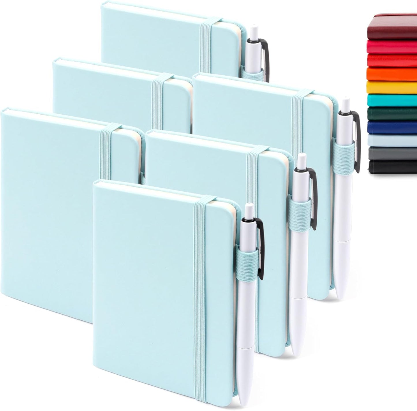 feela 6 Pack Pocket Small Notebooks Bulk, Mini Cute Memo Notepads Hardcover College Ruled Lined Journals with Pen Holder for Women Girls Office School, with 6 Black Pens, 3.5”x 5.5”, A6, Sky Blue