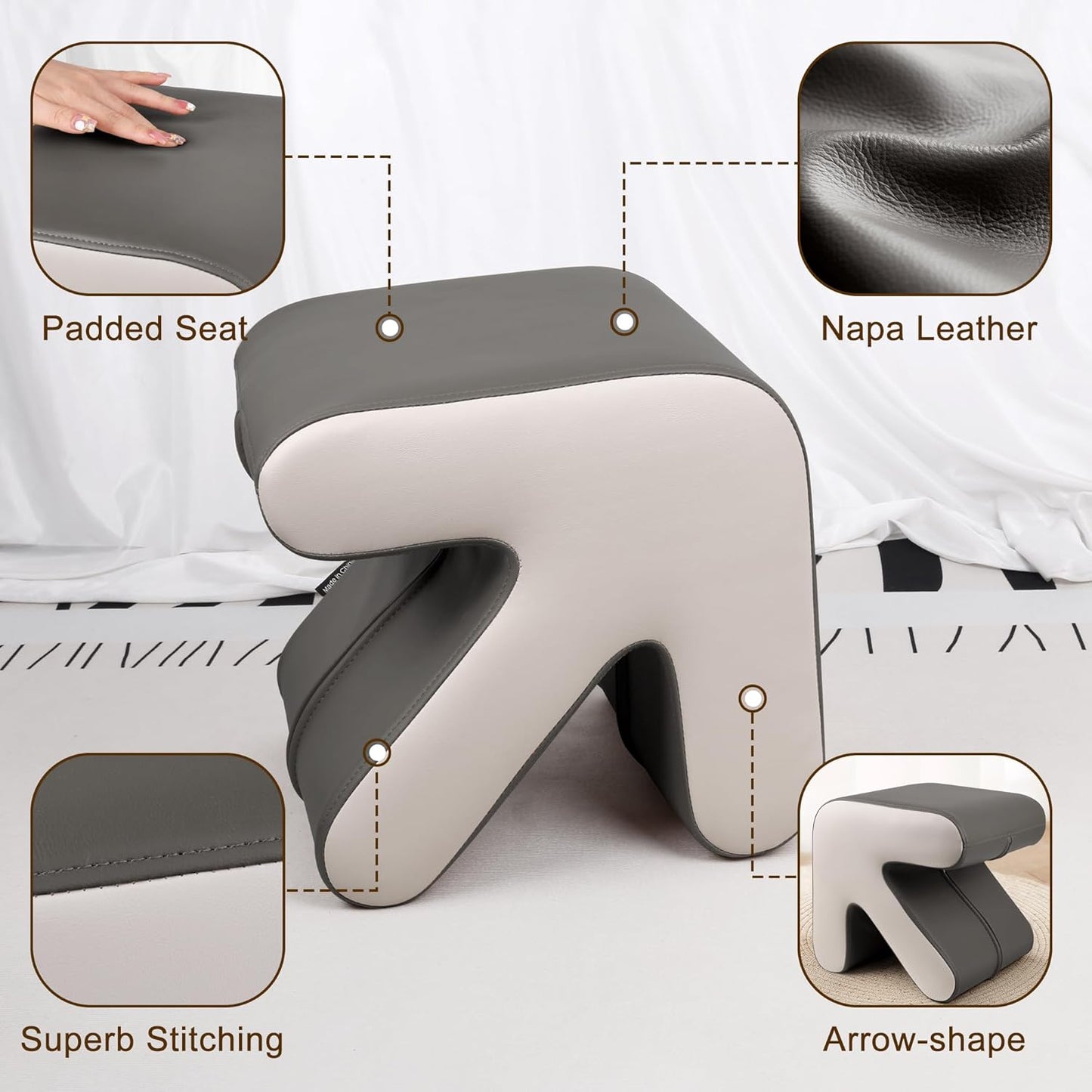 H&B Luxuries Ottoman, Foot Stool with Creative Shape, Napa Leather Ottomans, Removable Outer Foot Rest, No Assembly Required, Ottoman for Living Room, Bedroom, Entrance, Gray White