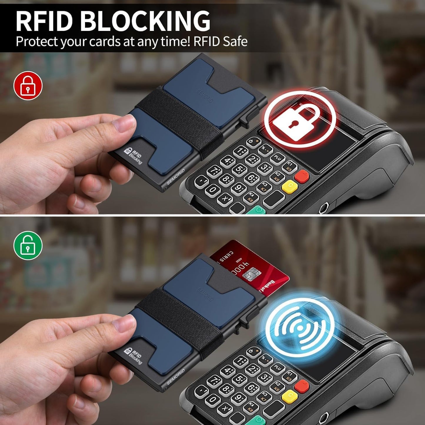 Slim Aluminum Card Holder Wallet for Men, Durable Expandable Backplate, RFID Blocking Minimalist Metal Pop Up Wallet, Holds 12+ Cards Plus Cash