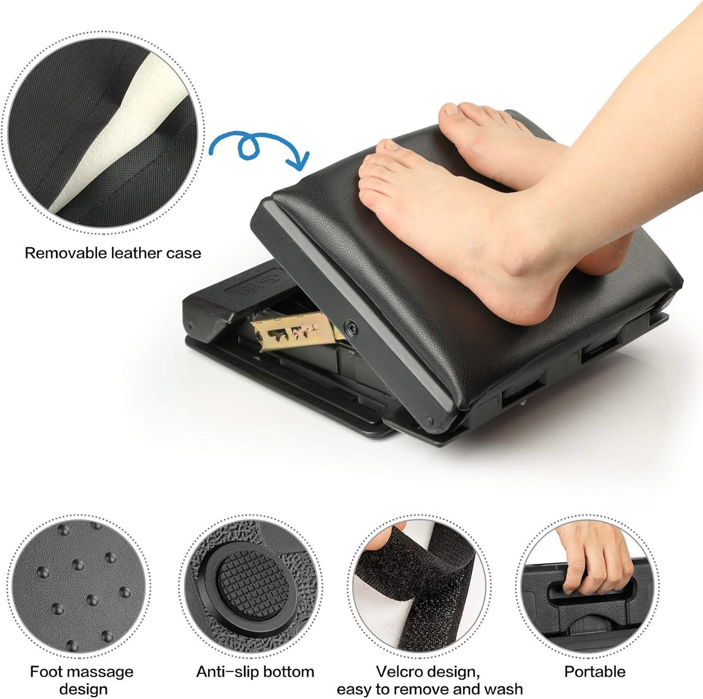 Adjustable Footrest with Removable Soft Foot Rest Pad Max-Load 140Lbs with 4-Level Height and Angle Adjustment Massage Footrest Under Desk for Car Travel, Kid's Writing, Office