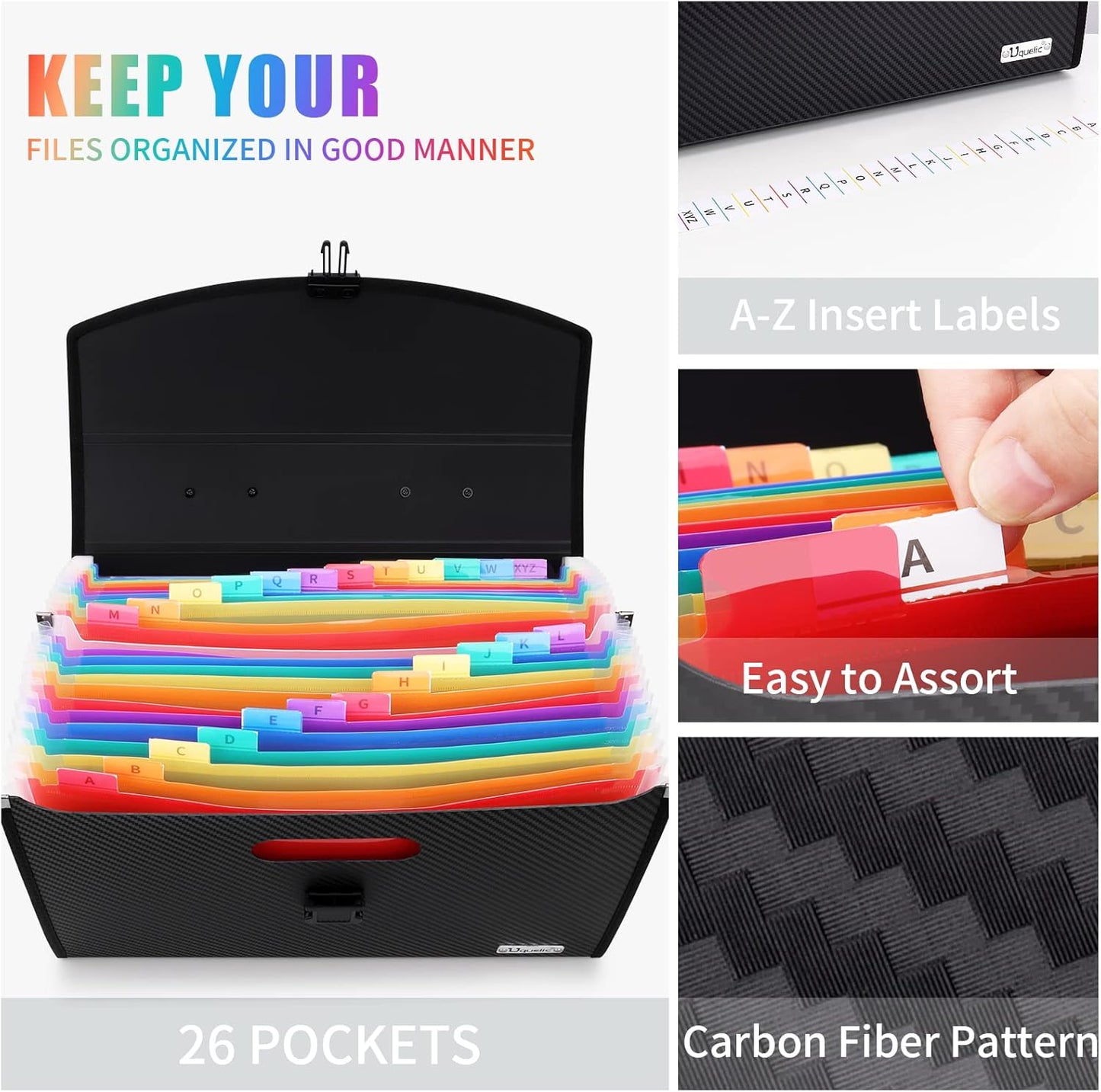 Uquelic 26 Pockets Expanding File Folder - Accordion Savor Document Organizer Folio Upgraded Durable Buckle, Base with Ergonomic Portable Handle/Large Legal Size Expandable File Organizer