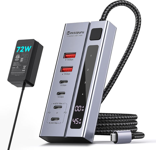 Minisopuru Powered USB C Hub – Support Max 45W Charging, 10Gbps Data Transfer, 6 IN1 USB C Hub with 72W Power Adapter, Compatible with Meta Quest Pro, Steam, iPad Pro, iPhone, Watch (Not for Monitor)