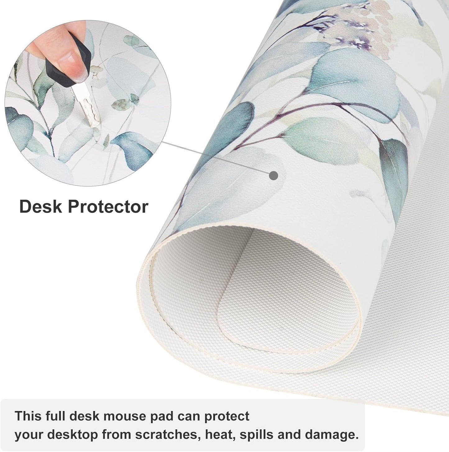 QIYI Large Mouse Pad, Cute Green Leaves Desk Mat for Desktop, Women Girls Office Décor Desk Accessories, PU Leather Waterproof Gaming Mousepad, Eucalyptus Leaf Desk Pad Computer Mat, 31.5" x 15.7"