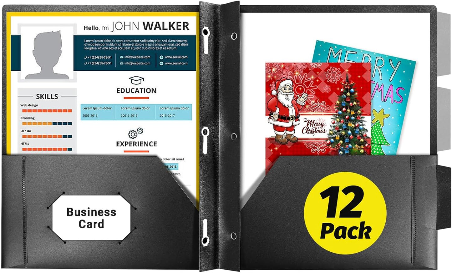 Plastic Folders with Pockets and Prongs,12 Pack 2 Pocket Folders with 3 Fasteners,Upgrade Tabs,Heavy Duty Pocket Folder with Brad, Black Folders with Card Slot,Colorful Labels,Letter Size