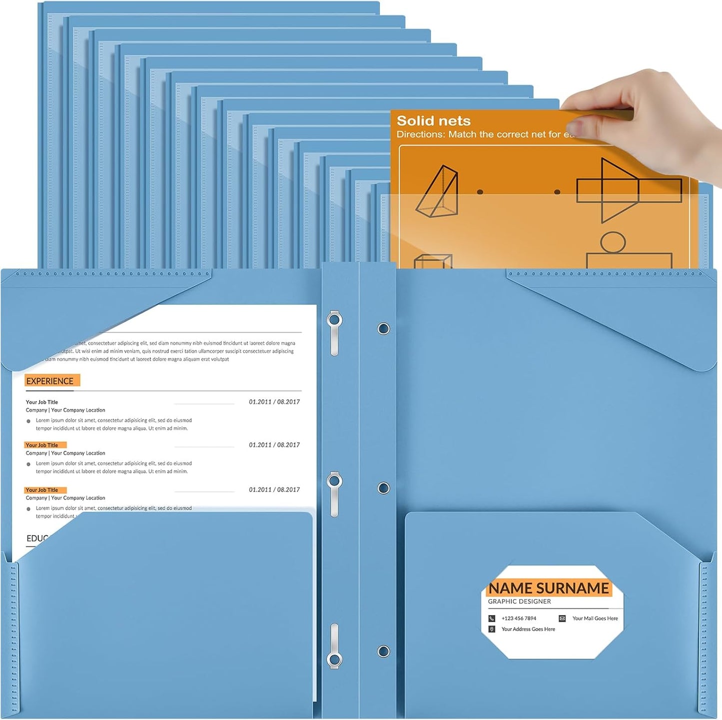 Henoyso 36 Pcs Plastic Folder with Clear Front Pocket and 3 Prong Plastic Folders with Card Slot Pocket Folders with Prongs for School Office (Haze Blue)