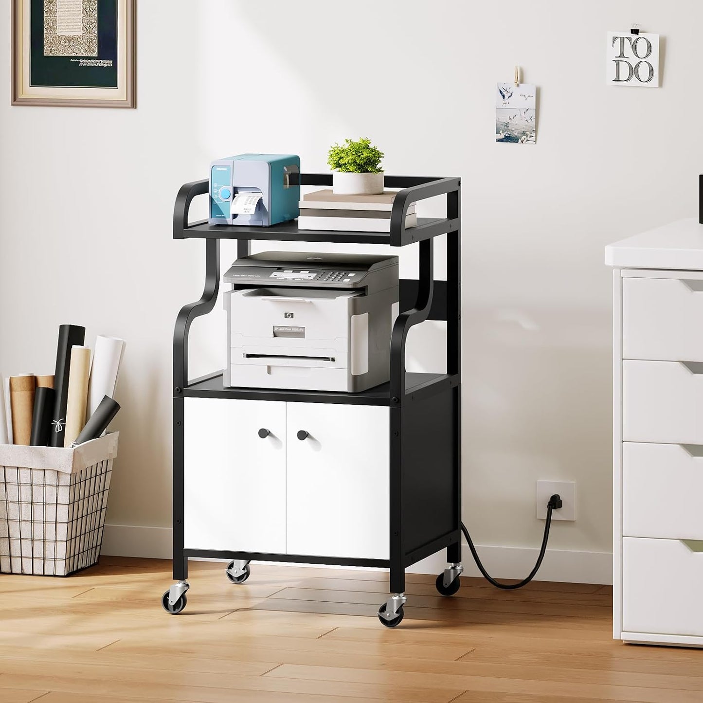 Printer Stand with Storage,Printer Table for Home Office with Charging Station, Large Rolling Cart with Wheels, Printer Cabinet with Open and Hidden Space, Black and White PTHW48E01