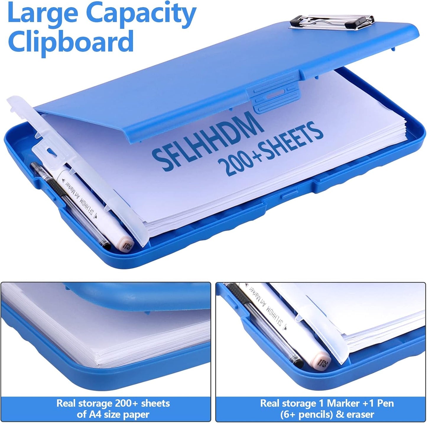 Clipboard with Storage, A4 Binder Clipboards with Pen Holder,Heavy Duty Plastic Storage Clipboards with Low Profile Clip,Nursing Clipboard Folder Side-Opening,Smooth Writing Clip Board for Office-Blue