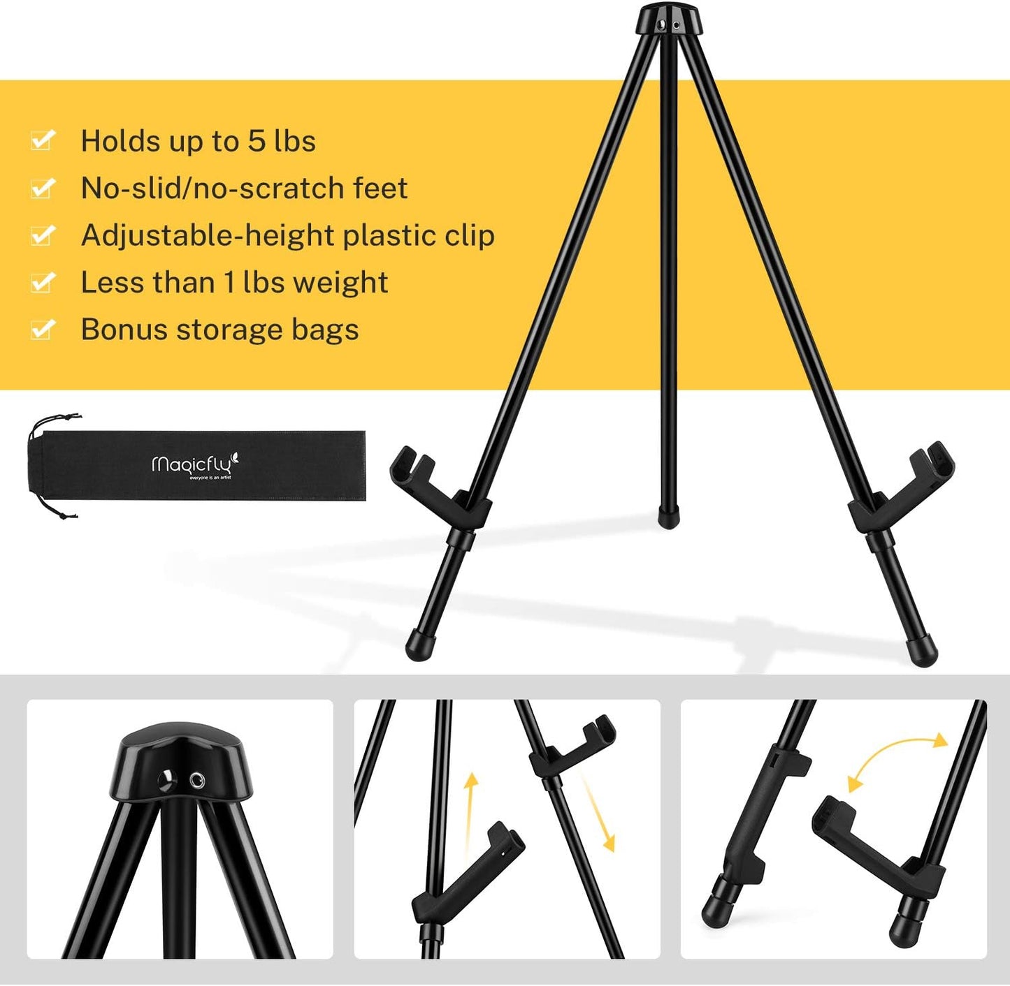 Magicfly 6 Pack Tabletop Easel, Black Steel Table Top Easels for Display, Adjustable & Portable Tripod Easel with 6 Storage Bags, for Signs, Posters, Holds 5 lbs