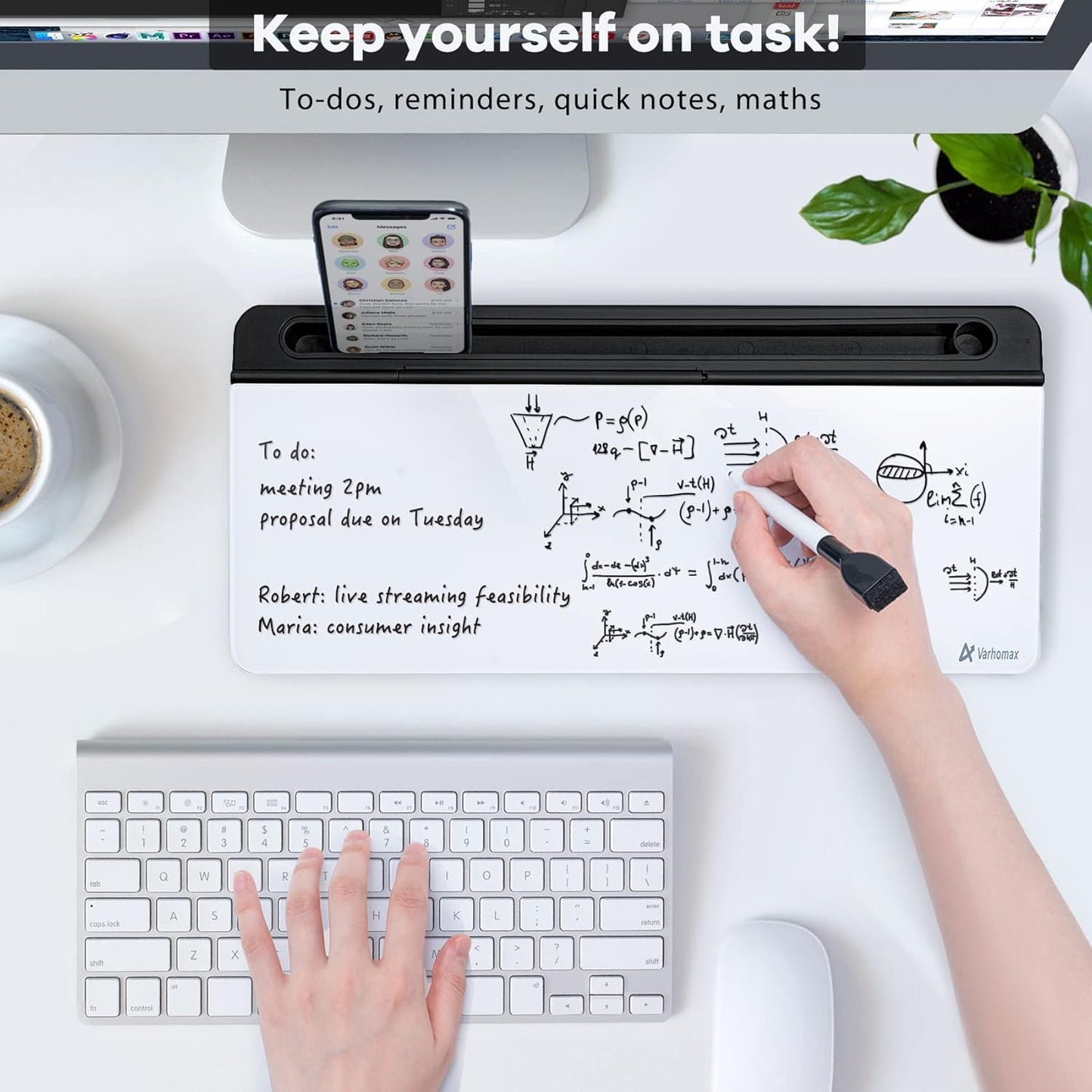 Varhomax Glass Desk Whiteboard with Storage, Desktop Organizer to-do List Memo Notepad Dry Erase White Board for Home Office and School Supplies (Black&White)