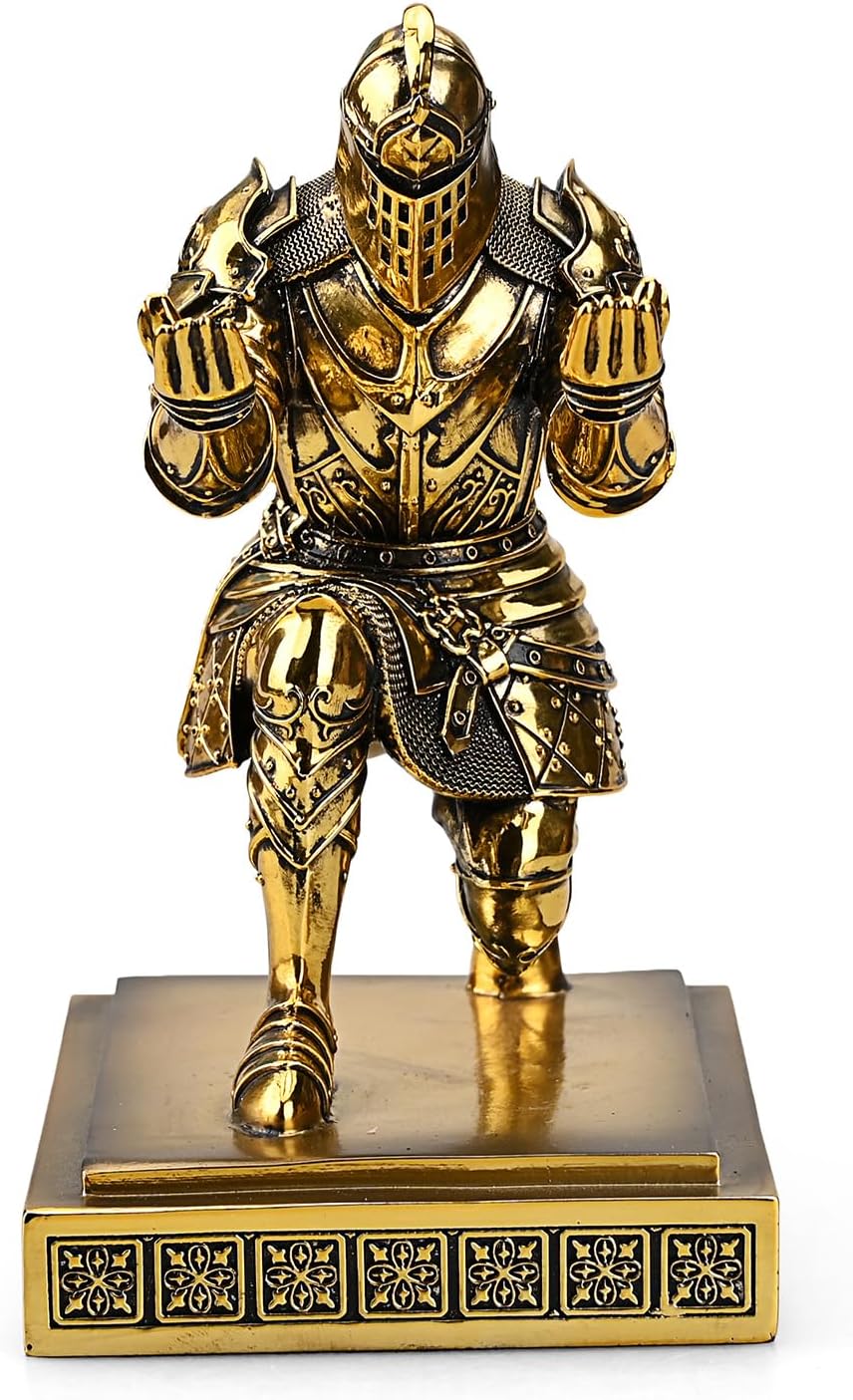 King's Guard Knight Pen Holder Pen Stand Desk Organizers and Accessories Resin Pencil Holder as Gift with a Metal Sword Letter Opener for Office and Home (Bronze(Plating))