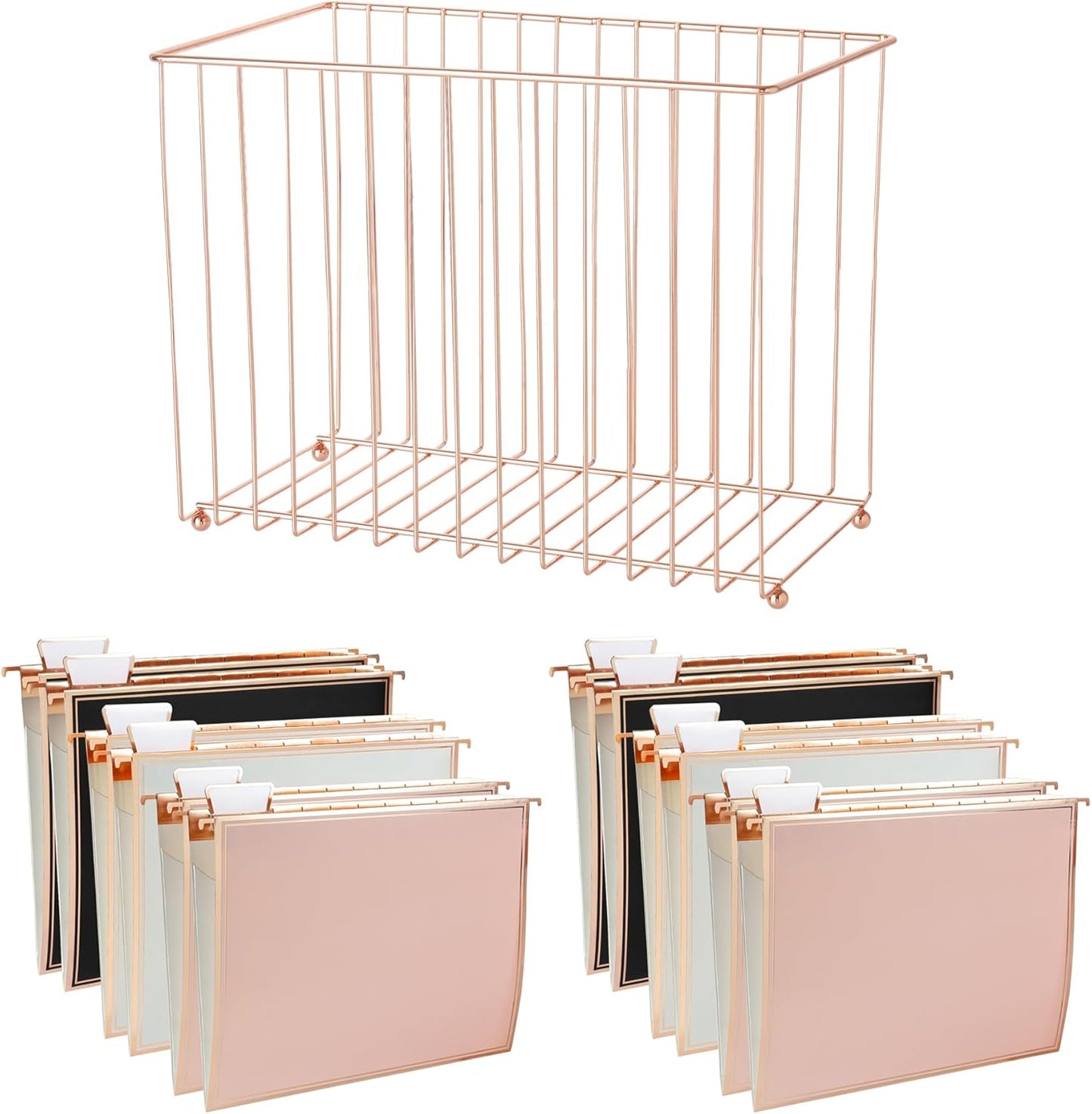 Y YOMA 1 Pack Rose Gold Desktop Hanging File Organizer | 12 Pack Rose Gold Pocket Hanging File Folders with Tabs & Insert | Letter Size Metal File Kit for Desk Home Office, I Shaped